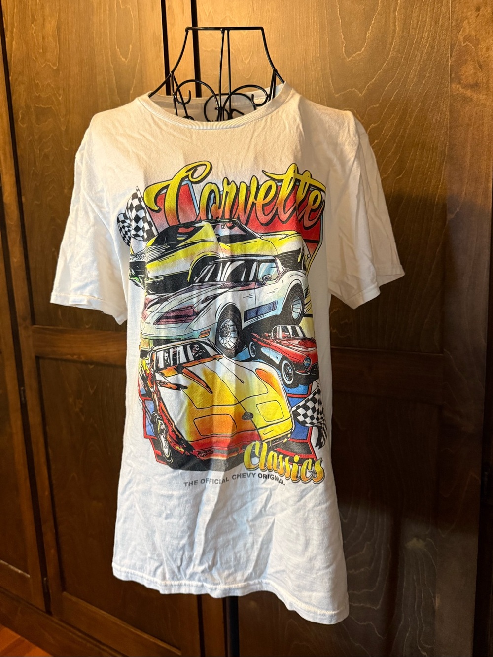 Chemistry White Graphic Tee with Yellow, Red and Blue Corvette Artwork